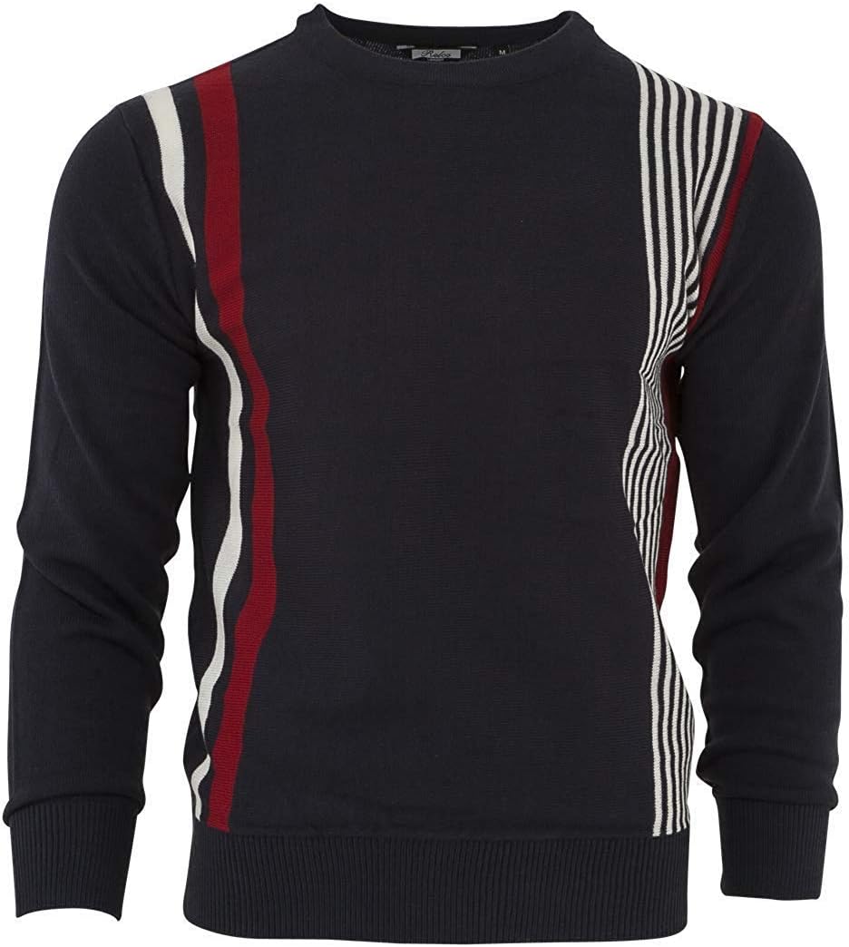 Men's Relco Classic Navy Blue Mod Racing Stripes Fine Knit Jumper