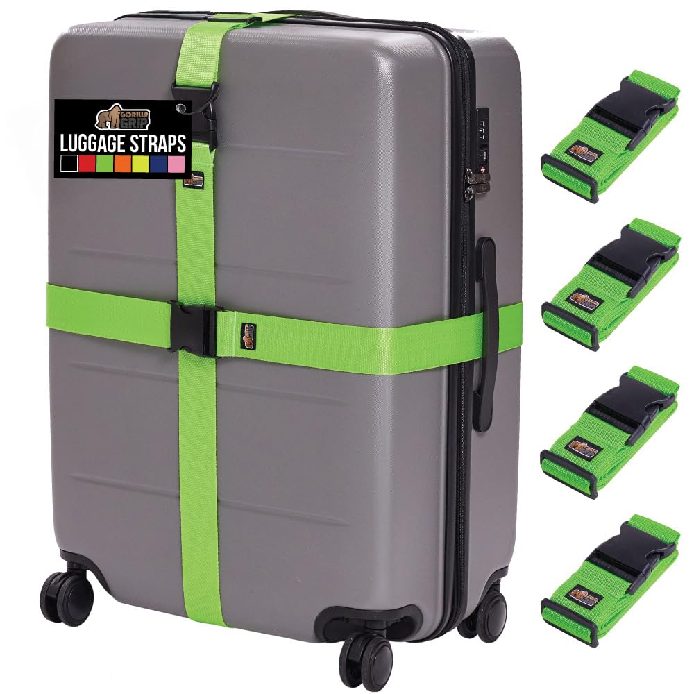 Photo 1 of GORILLA GRIP Heavy Duty 4 Pack Adjustable Luggage Straps for Suitcases, Easy to Identify Travel Belt Connector Holds Suitcase Together, Extends Life of Bag, Strap Connects Two Bags, Accessories Green