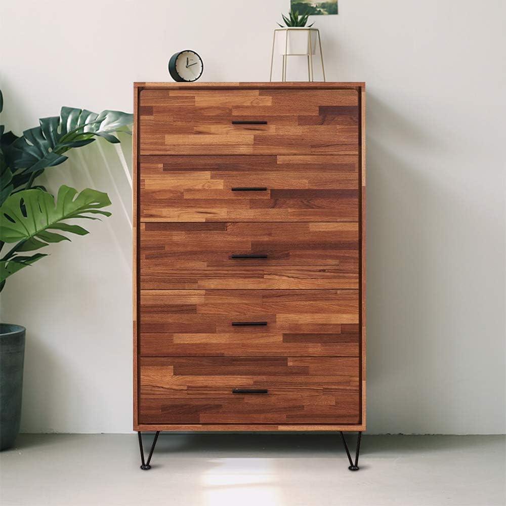 Amazon Com Goujxcy Tall 5 Drawer Chest Modern Dresser Of Drawers In Walnut Functional Organizer For Bedroom Living Room Kitchen Dining