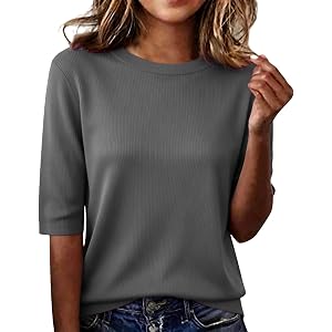 YVRODKL Elbow Length Tops for Women Summer Casual Crew Neck Half Sleeve Loose Shirts Solid Lightweight Plus Size Tunic Blouse