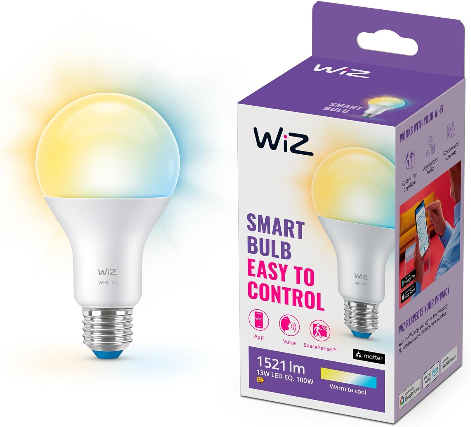 WiZ Smart Bulb, E27 Cool to Warm White Light, Smart Dimming LED, Connected WiFi Works with Alexa, Google Assistant & HomeKit, App Control for Livingroom, Bedroom, Energy Monitoring