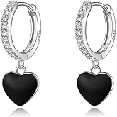 SLUYNZ Sterling Silver CZ Black Heart Hoop Earrings for Women Teens Small Love Huggie Hoop Earrings Drop Valentines Day Earrings