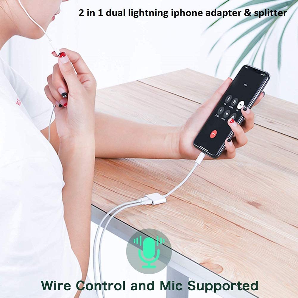 [Apple MFi Certified] 2PACK iPhone Lightning to 2 Lightning Adapter, Dual Lightning AUX + Charger Adapter Dongle Cable Splitter Compatible for iPhone 12/11/SE/X/XR/XS/8/7/6 Support Call + Charging