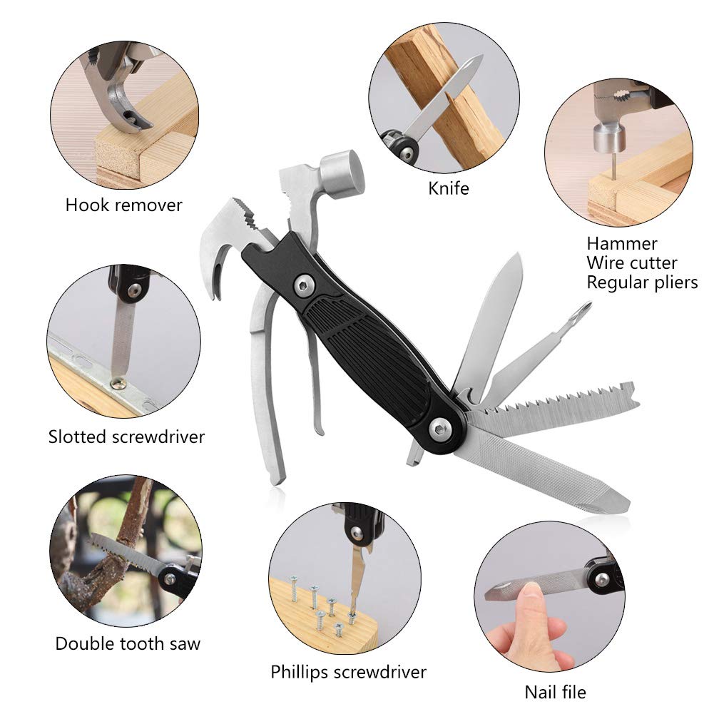 Multitool Hammer, 12 in 1 Multi tool Stainless Steel Emergency Car Survival Kit Outdoor- Camping Tool With Hammer, Saw,Knife, Screwdriver, Bottle Opener -Best Father’s Day Gift(Black)