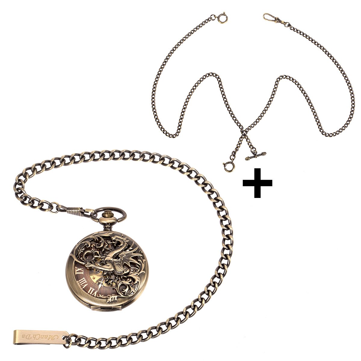 ManChDa Mens Skeleton Mechanical Pocket Watch Bronze Dragon Hollow Double Hunter Roman Numerals Dial with Chain and Gift Box