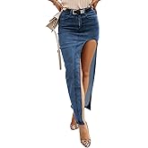 Wenrine Women's Sexy High Waist Denim Skirt Split Zip Up Jean Skirt Casual Maxi Skirt with Pockets