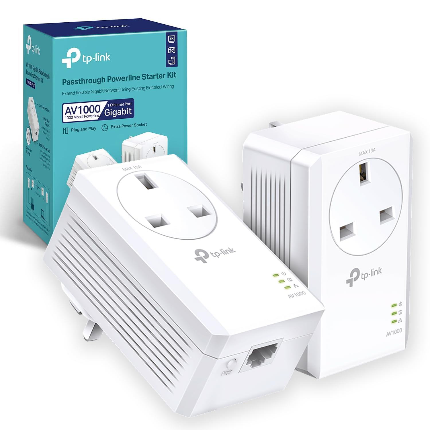 TP-Link TL-PA7017PKIT Gigabit Passthrough Powerline Adapter Starter Kit, Powerline Network Adapters Speed up to 1000 Mbps, 4K Video Streaming & Online Gaming, No Configuration Required, Plug and Play