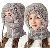 3 in 1 Beanie Hat with Scarf and Mask,Autumn and Winter Knitted Hat for Women