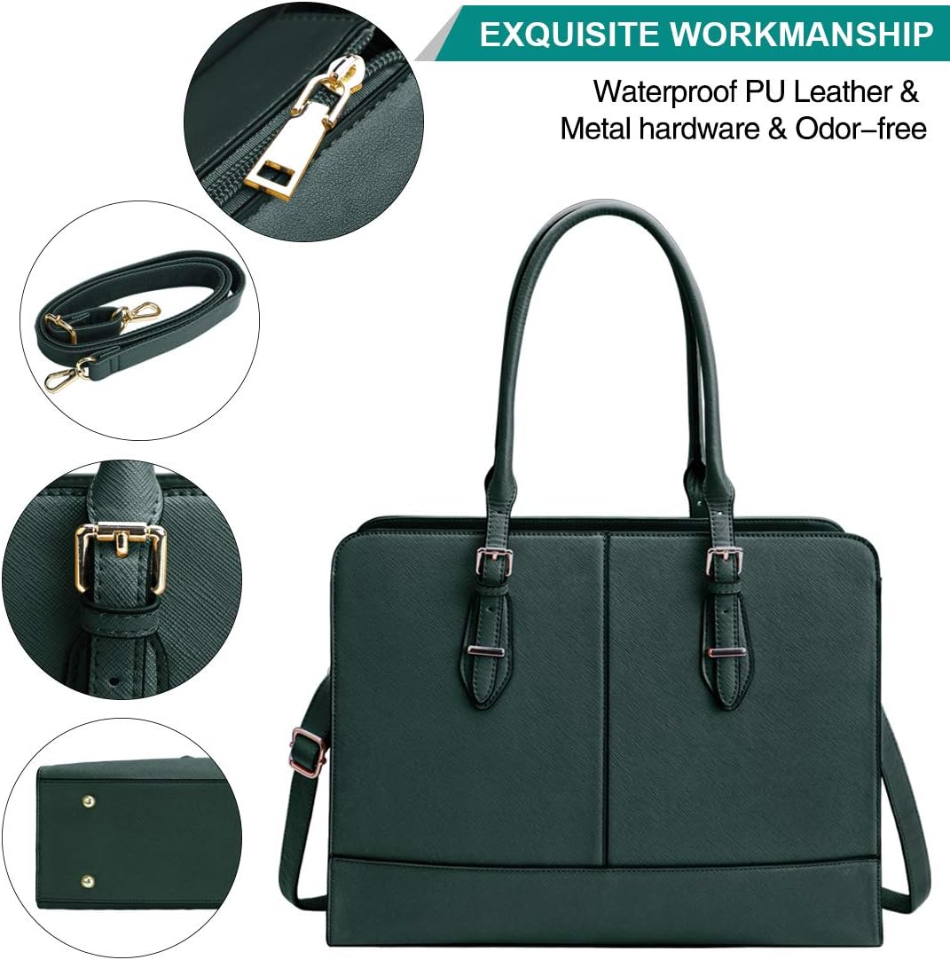 Women Laptop Bag Leather Work Tote 15.6 Inch Laptop Computer Bag Business Shoulder Messenger Bag (DeepGreen): Electronics