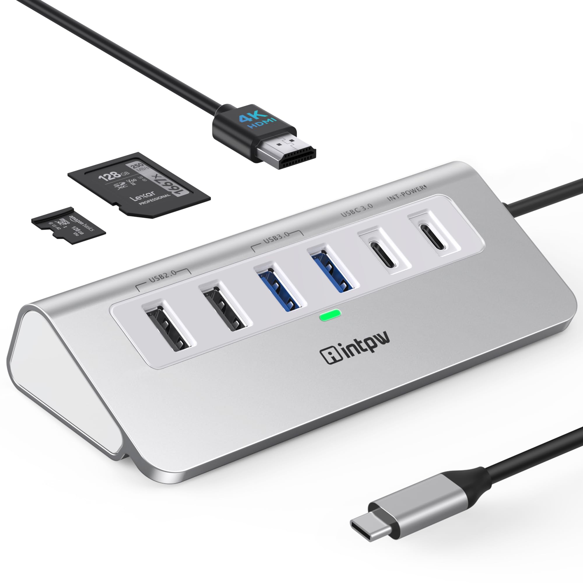 Intpw USB C Hub, 9-IN-1 USB C Hub Multiport Adapter with 4K HDMI, PD 100W, Type C and 2 Type A 3.0 5Gbps, 2 Type A 2.0, SD/TF and Aluminium USB HUB for Laptop/iPhone15/16 series/MacBook Air/Pro