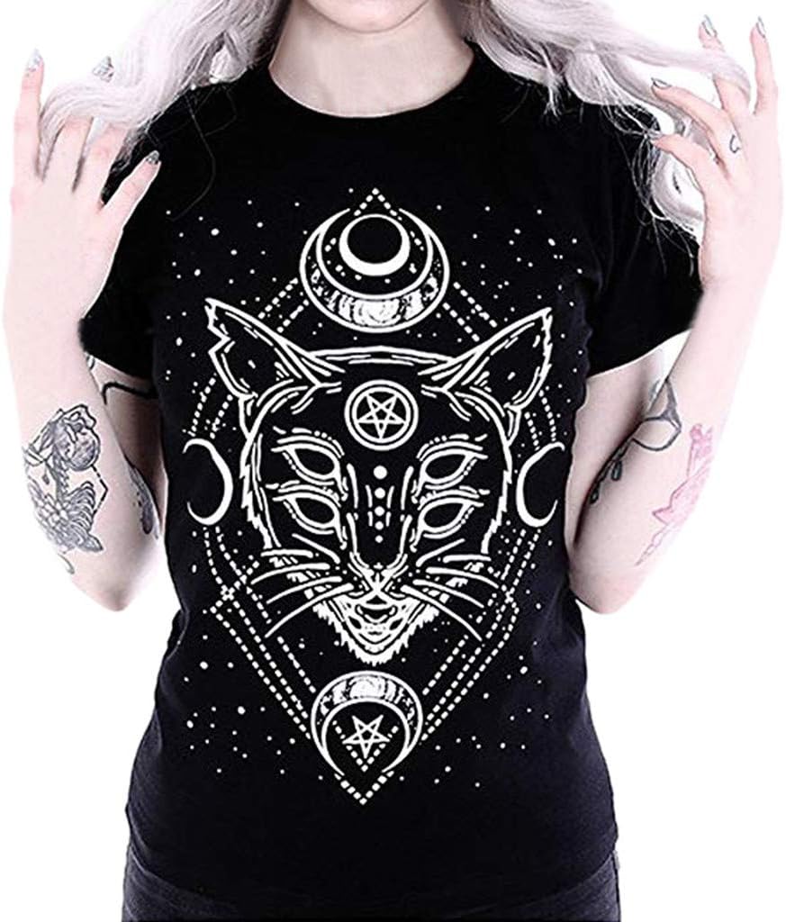 Blusa Womens Galaxy Short Sleeve Cat Print Black Loose Punk Gothic Tops Casual T-Shirt