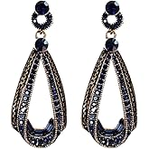 Antique Gold Bronze Tone Art Deco Vintage Gatsby Flapper Style Dark Blue Sapphire Rhinestone Dangle Earrings