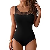 Pink Queen Women One Piece Swimsuit Modest Mesh Sheer Tummy Control Swimwear Bathing Suit