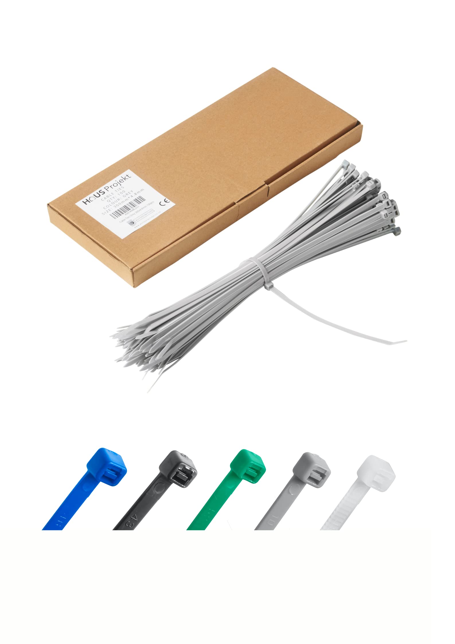 Haus Projekt Grey 300x4.8mm Cable Ties Heavy Duty, 100pcs Premium Industrial Multi-Purpose Plastic Zip Tie Wraps, Indoor and Outdoor Use, Cable Management, Wires, Office, Garden, Garage, Workshop โ image 1