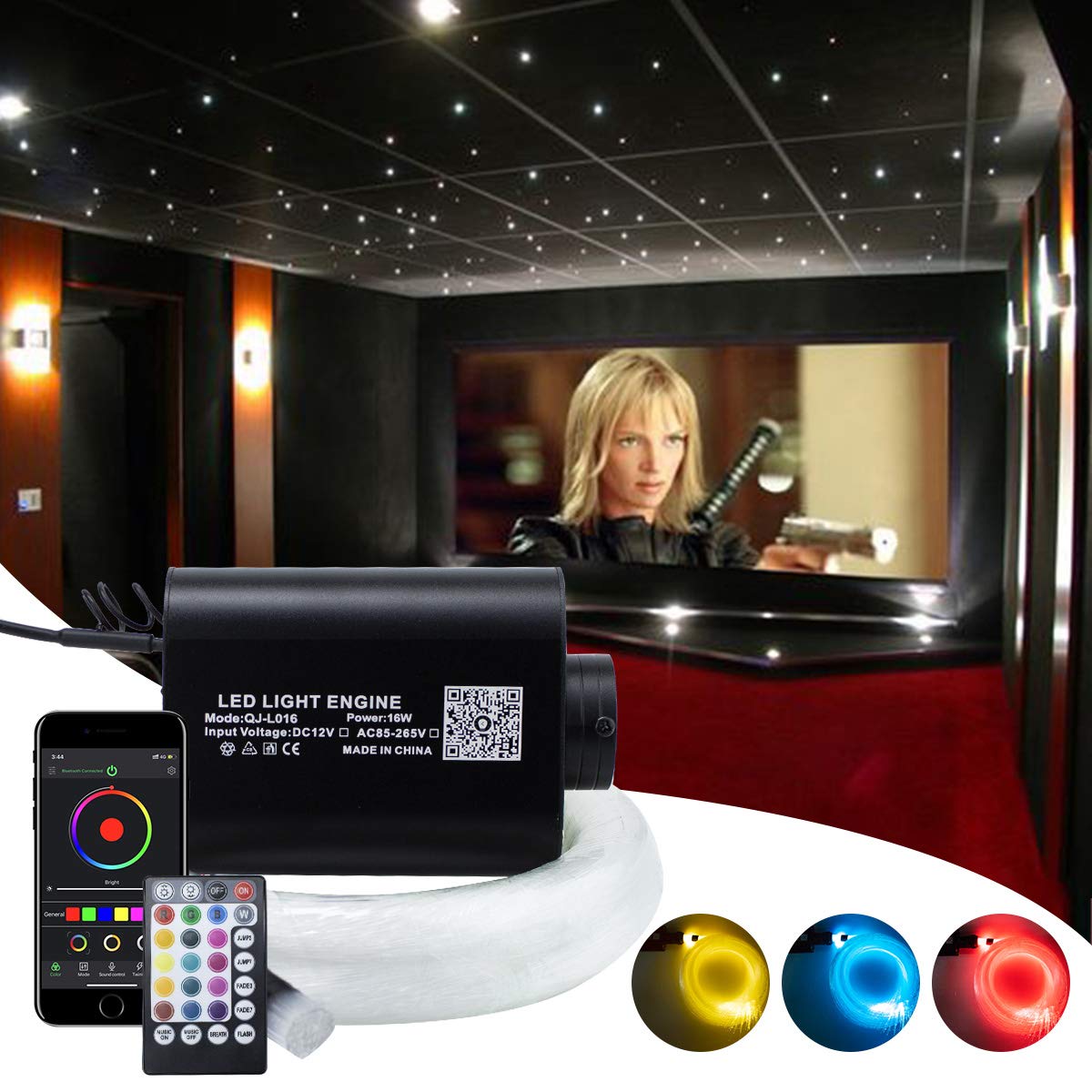 Kingmaled 16W Car Home APP+Music Activated Fiber Optic Star Ceiling Light Kit, RGBW Bluetooth LED Light Engine+28Keys Remote+Cables [300pcs*0.75mm*2m], Create Atmosphere Full of Romantic and Rhythm