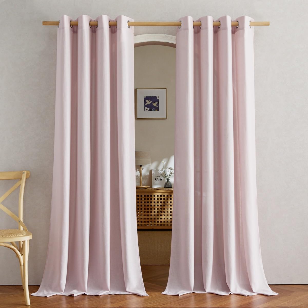 NICETOWN Blush Pink Linen Curtains for Kitchen, Thick Flax Small Window Treatments Semi Sheer Privacy Assured with Light Through for Cafe/Bathroom, W55 x L132, 2 Panels Image