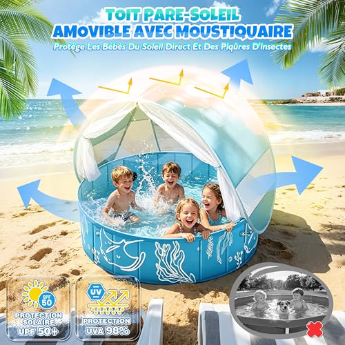 colmanda Baby Swimming Pool with Sun Shade 4 in 1 Large, 120 x 30 cm Baby Beach Tent Anti UV SPF50+ with Awning, Beach Pool, Foldable Ball Pool, Portable Beach Tent for Garden Beach
