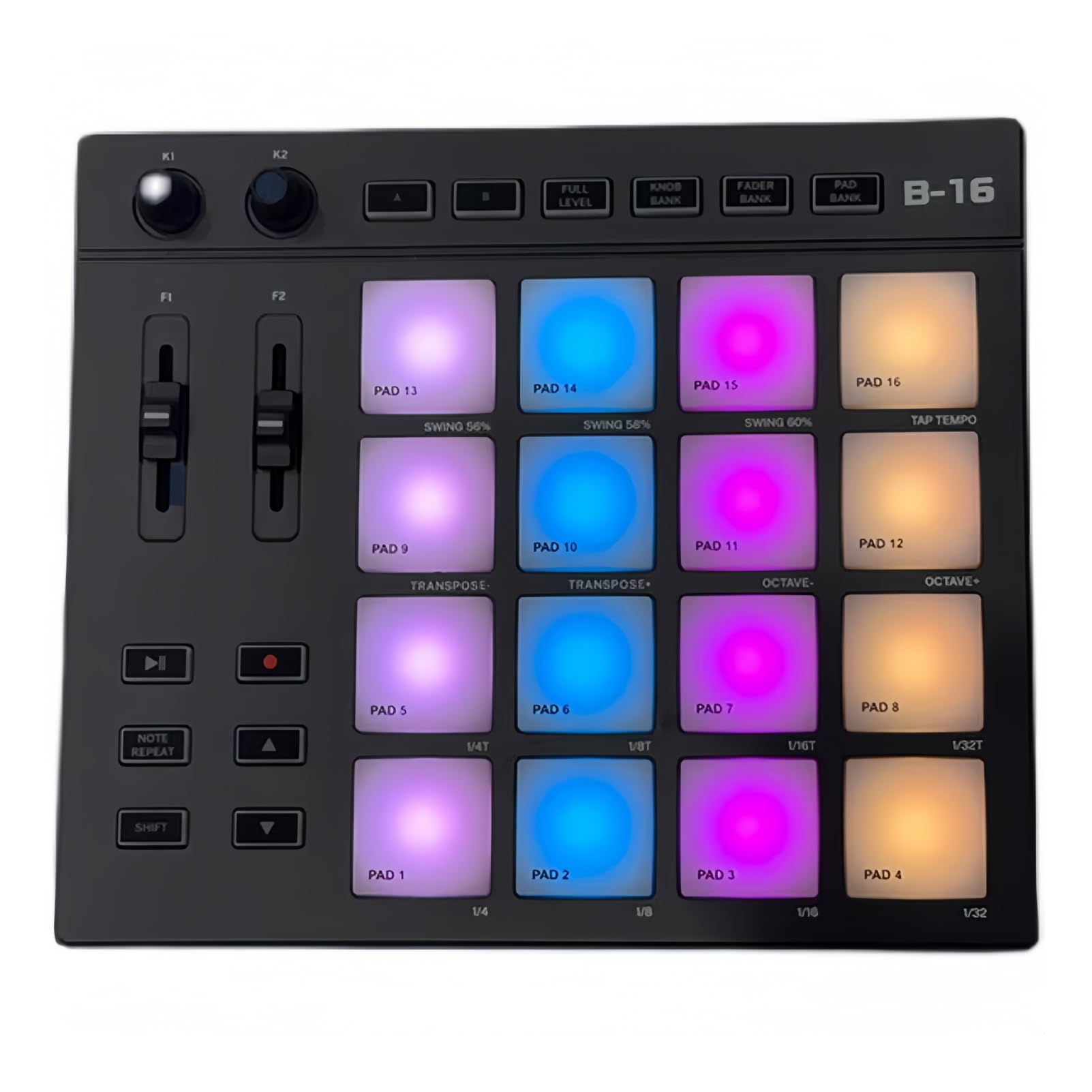 Photo 1 of Professional MIDI Pad Controller, Beat Maker Machine with 16 Drum Pads & 2 Assignable Fader Knobs, RGB Portable Pad Drum Machine, for Beginner Music Production