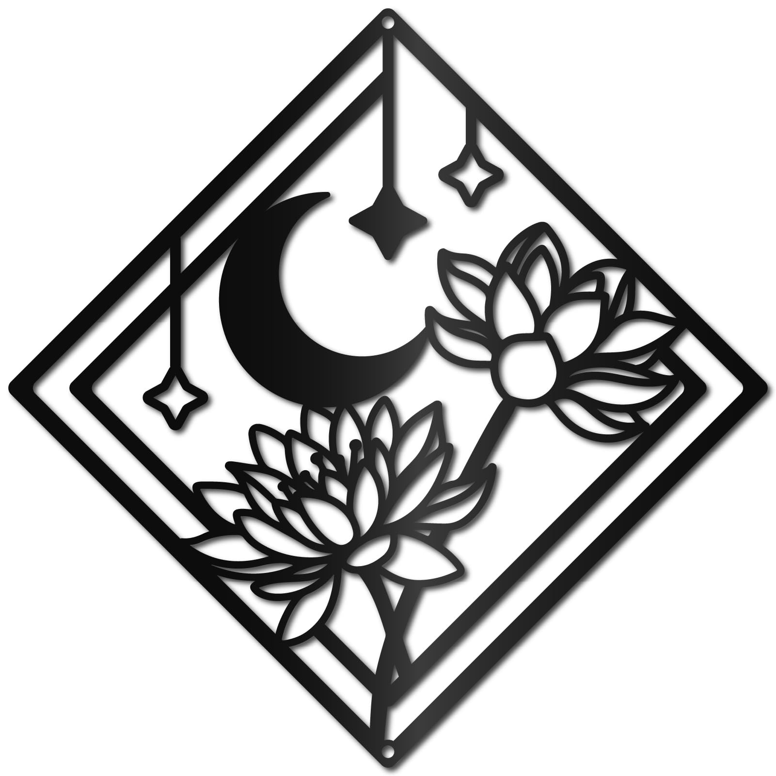 CREATCABIN Metal Lotus Wall Decor Black Moon Wall Art Flower Stars Square Sculptures Wall Hanging Decor for Modern Home Yoga Spa Meditation Office Living Room Bedroom Indoor Outdoor 11.8x11.8Inch