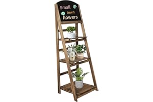 ECOMEX 3-Tier Ladder Shelf with Chalkboard Display, White Ladder Wooden Bookshelf, Plant Flower Stand, Leaning Bookshelf Bathroom Shelves Book Storage Shelf,(Brown Shelf+Black Chalkboard)
