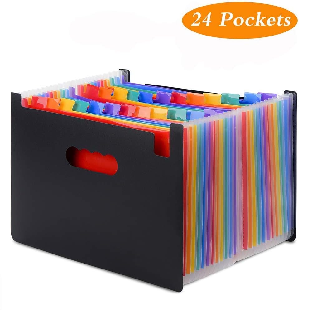 24 Pocket A4 Expanding File Folders, Rainbow Color Accordion Document