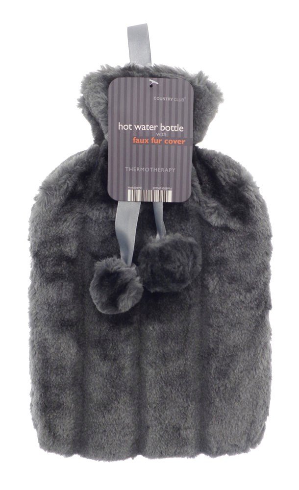 COUNTRY CLUB Cosy Hot Water Bottle with Luxury Faux Fur Cover and Pom Poms Dark Grey