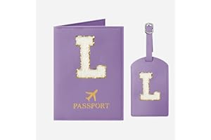 JOYRNALK Passport Holder for Travel Women Initial L Passport Cover Passport Wallet Passport Case Travel Essentials Leather Passport Holder and Luggage Tags Set With Chenille Letter Patch for Travel Purple L
