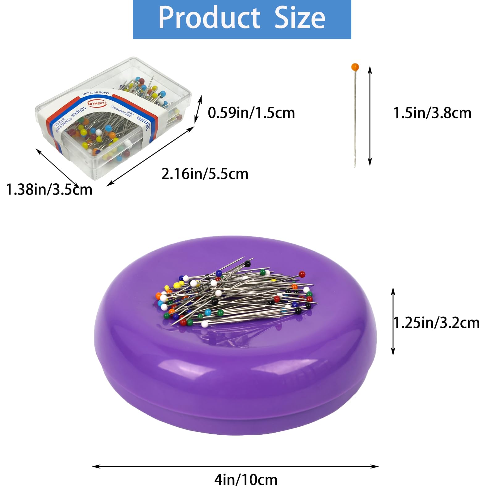 Hilltian Magnetic Pin Cushion with 100 Plastic Head Pins, Magnetic Pins Holder Pin Cushion for Sewing Quilting (Purple)