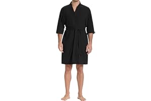 SIORO Mens Waffle Knit Lightweight Robe, Short Bathrobe with Pockets & 3/4 Sleeves, Kimono Loungewear for Summer & Spa