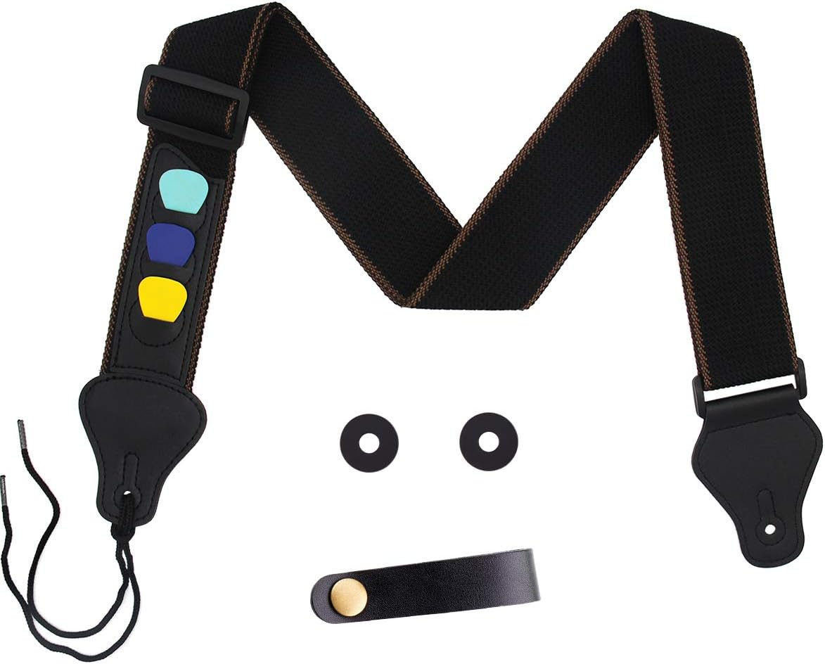Guitar Strap 100% Soft Cotton with 3 Pick Holders Strap, 1 Pair Strap Locks and Button Headstock Adaptor (Black)