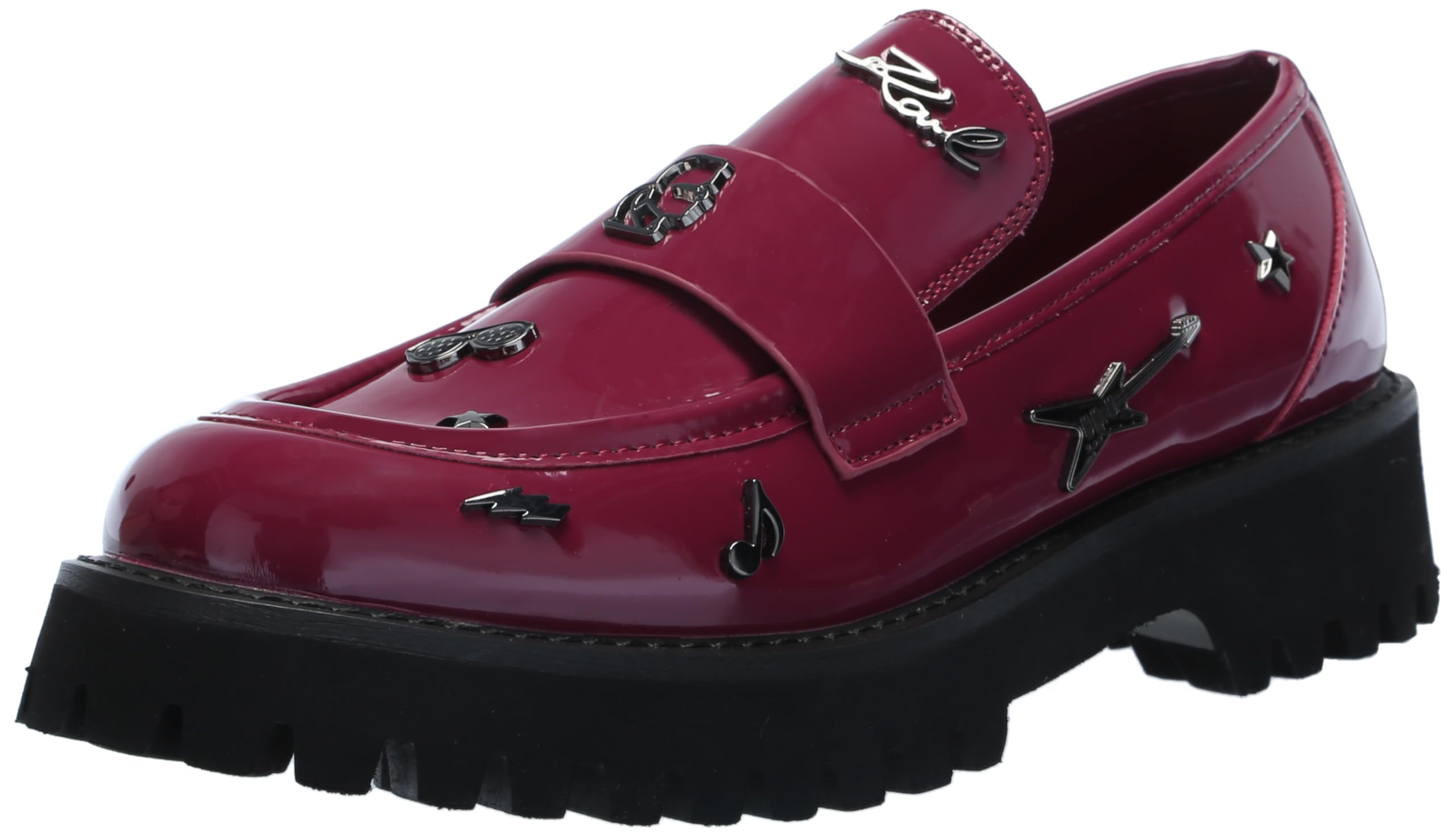 KARL LAGERFELD Paris Womens Avah Studded Faux Patent Leather Loafers, Red Plum, 6.5