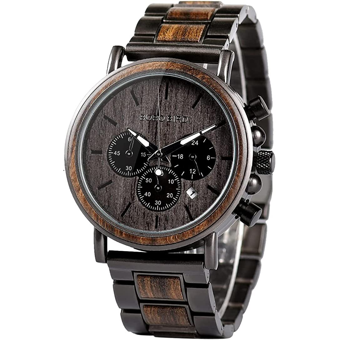 BOBO BIRD Men Wooden Watches Business Casual Wristwatches Stylish Ebony Wood & Stainless Steel Band Multi-Function Chronograph Watch