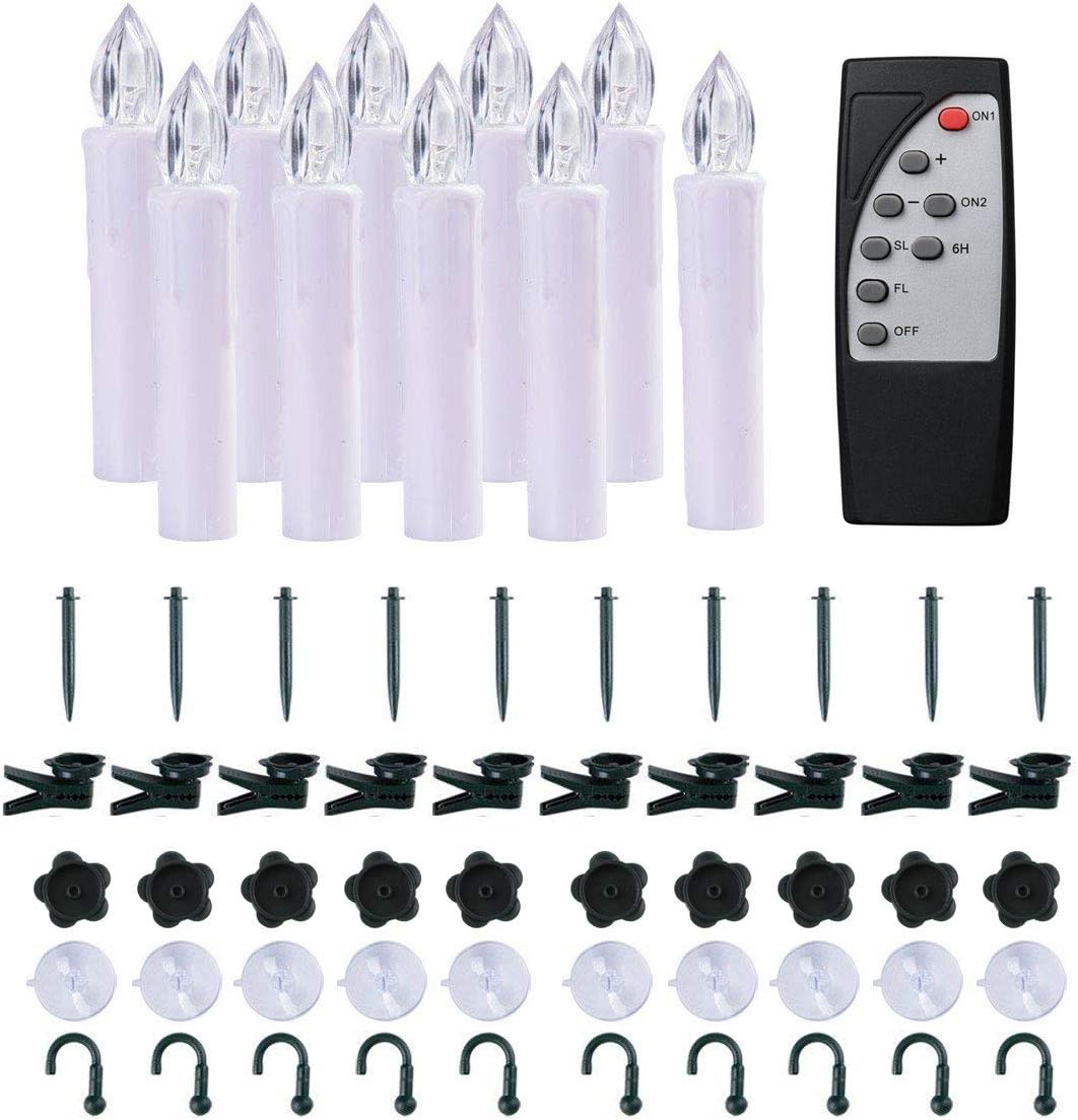 Kithouse 10 Set Christmas Window Candles Lights with Timer Remote Battery Operated Electric Christmas Tree Candle LED Flameless for Windows Christmas - Suction Cups, Spikes & Clips Included,Warm White