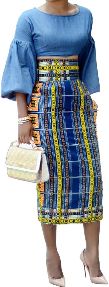 Womens African Print Plaid Midi Skirt Bodycon High Waist Floral Knee Length Pencil Skirts