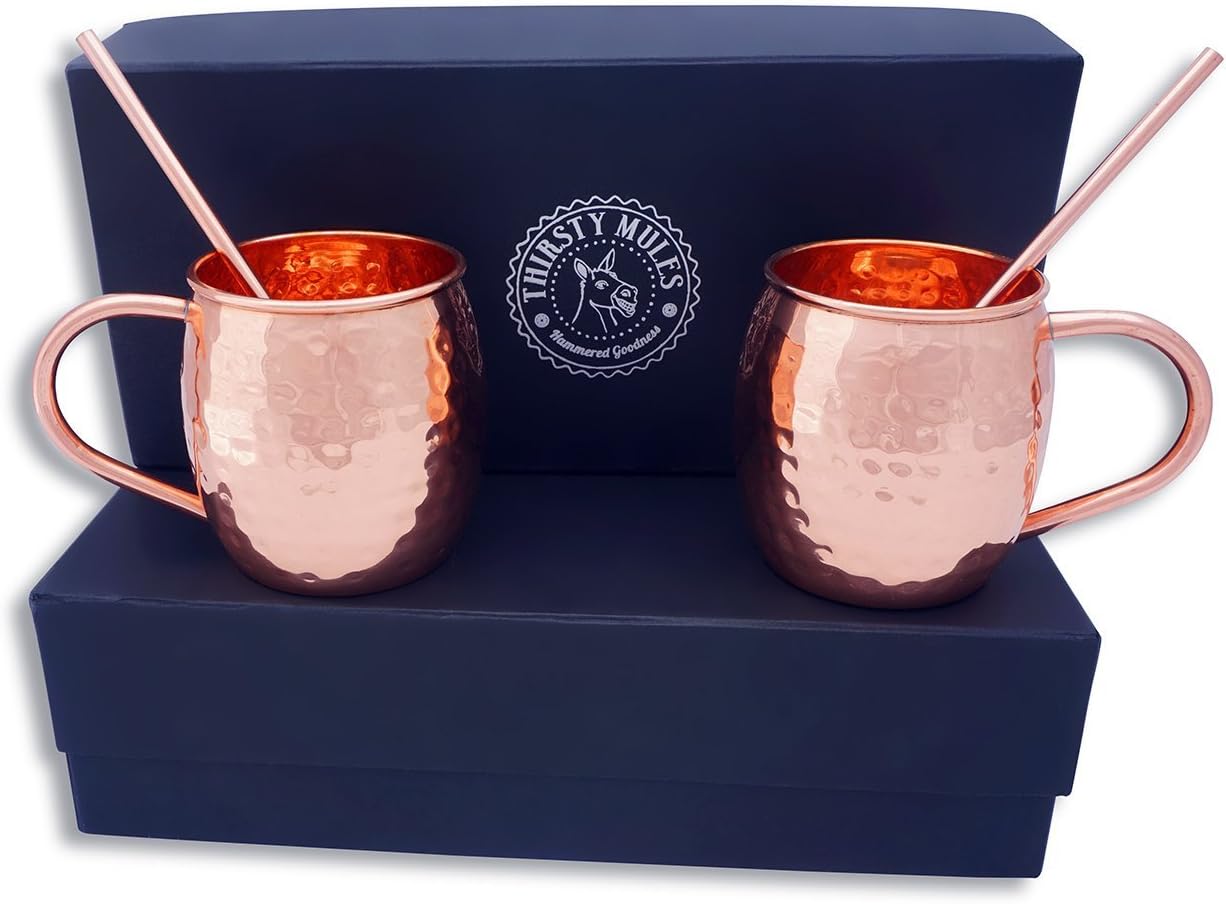 Thirsty Mules Moscow Mule Copper Mugs Hammered Copper Mugs with Gift Box and Copper Stir Straws, 20 oz, Large