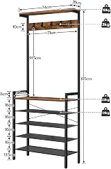 HOOBRO Coat Stand with Shoe Storage Industrial Hall Tree 5 Hooks Rustic Brown view 4