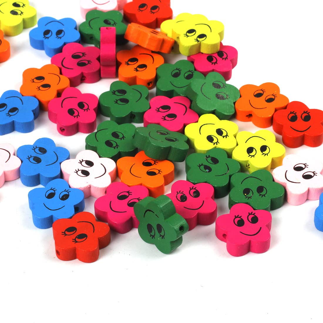Wooden Beads for Threading 20 Pieces Motif Colourful Beads Set for DIY Bracelets Jewellery Necklaces Mixed Colour (Flower with Smiley Face 19 mm)