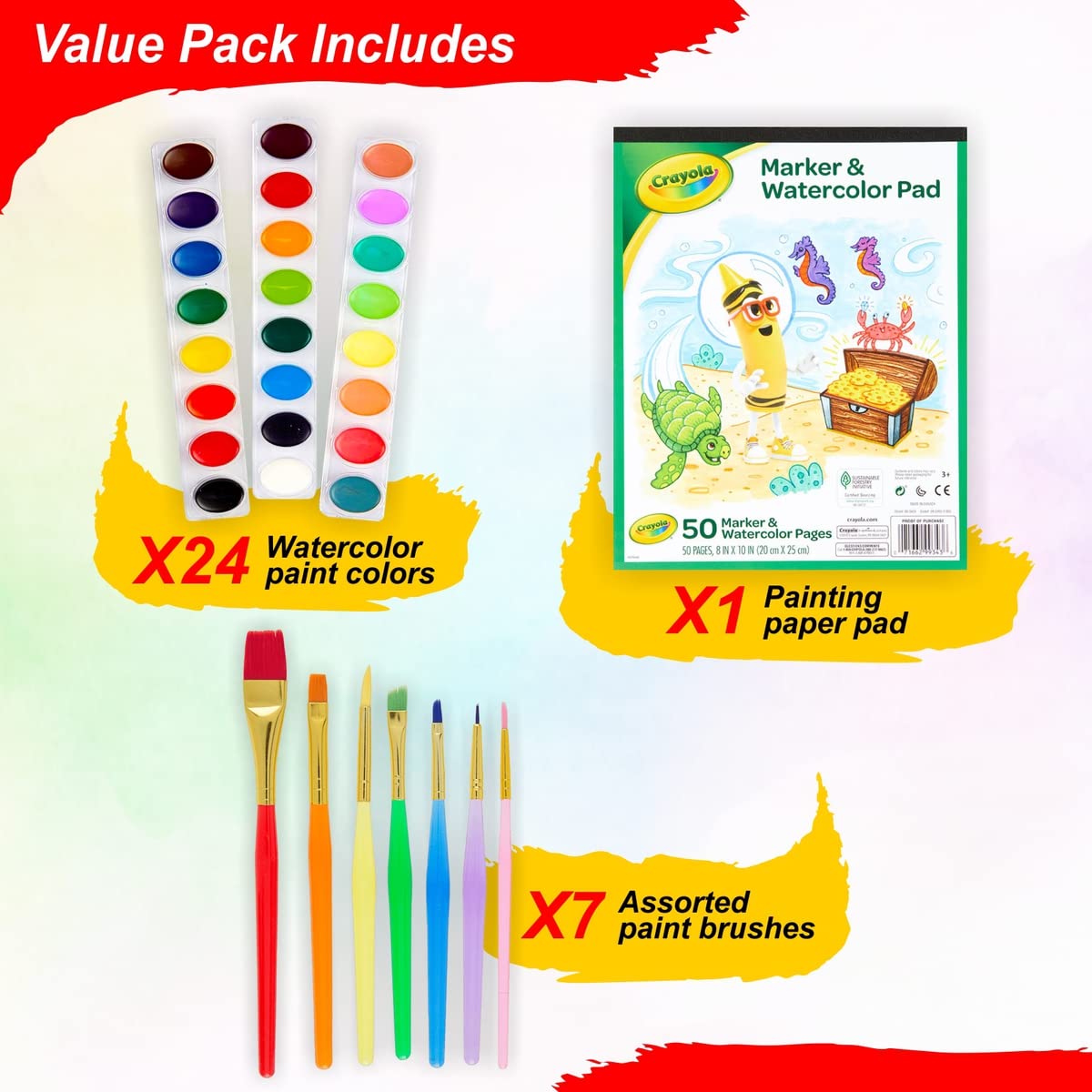 Watercolor Paint Set – 24 Watercolor Paint, 50 Sheets Water Color Paper Pad, 7 PaintBrushes for Kids – Complete Water Color Painting Kids Supplies Set