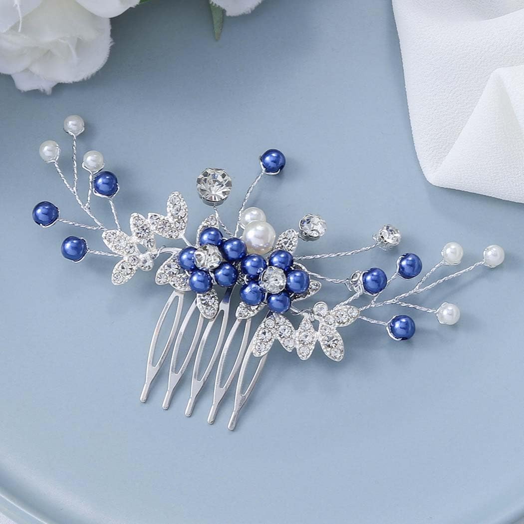 Elegant Silver and Blue Hair‎ Accessory Navy and Silver Brides Clip,pearls and Navy,elegant Silver  main image 4