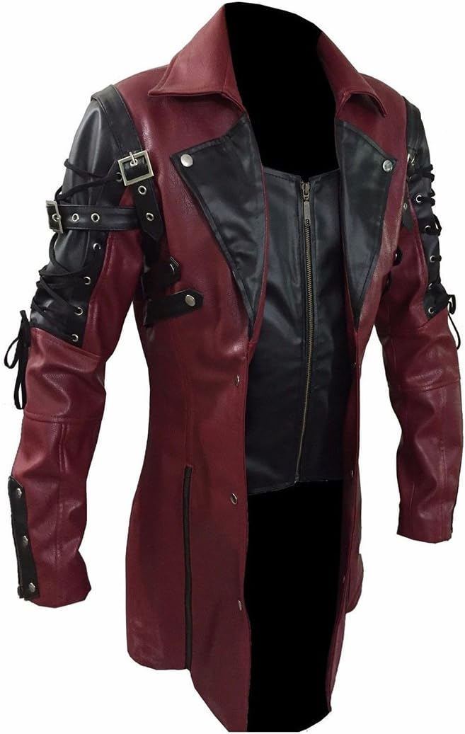 Mens Red Goth Matrix Trench Coat Steampunk Gothic of Month