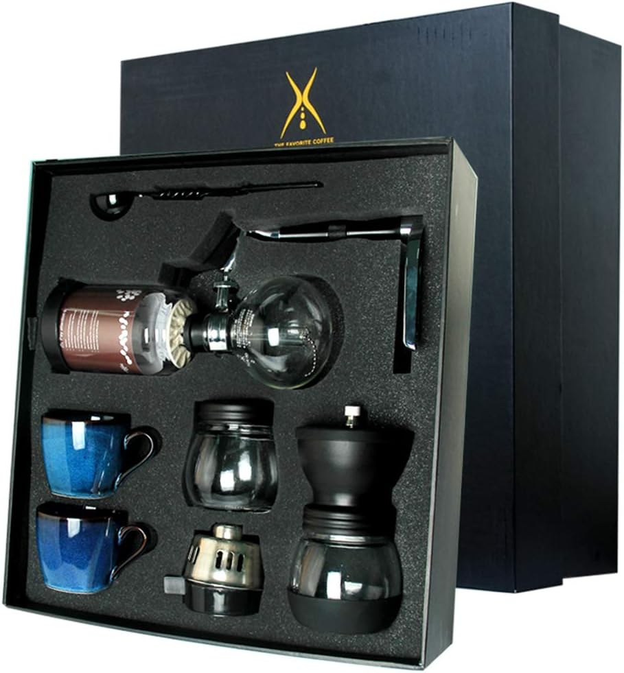 UINK Siphon Coffee Maker, Vacuum Coffee Maker, Manual Coffee Grinder Cup And Saucer Coffee Gift Set (3-Cup),B