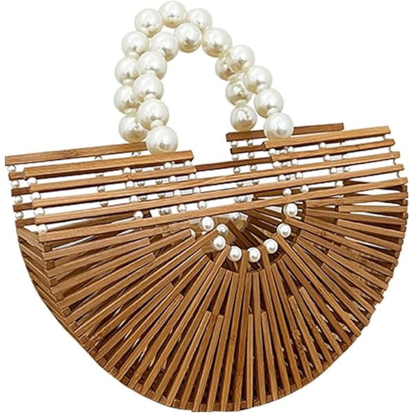 Bolso De Mano De Paja Tejida Con Asa De Bambú Correa Cruzada Color Beige