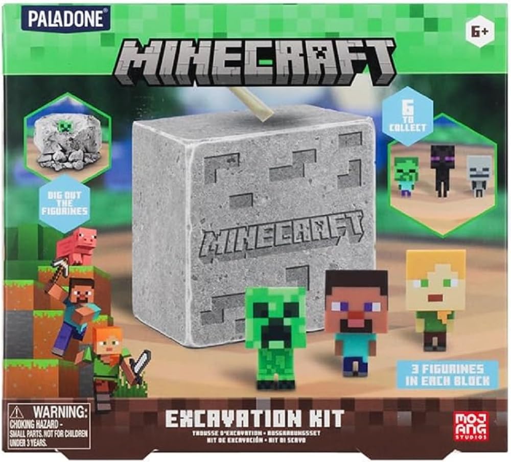 Paladone Minecraft Official Licensed Excavation Kit for Kids, Gamer Decor and Gift for Boys and Girls, 3 Iconic Gaming Characters Included, Interactive Dig Toy