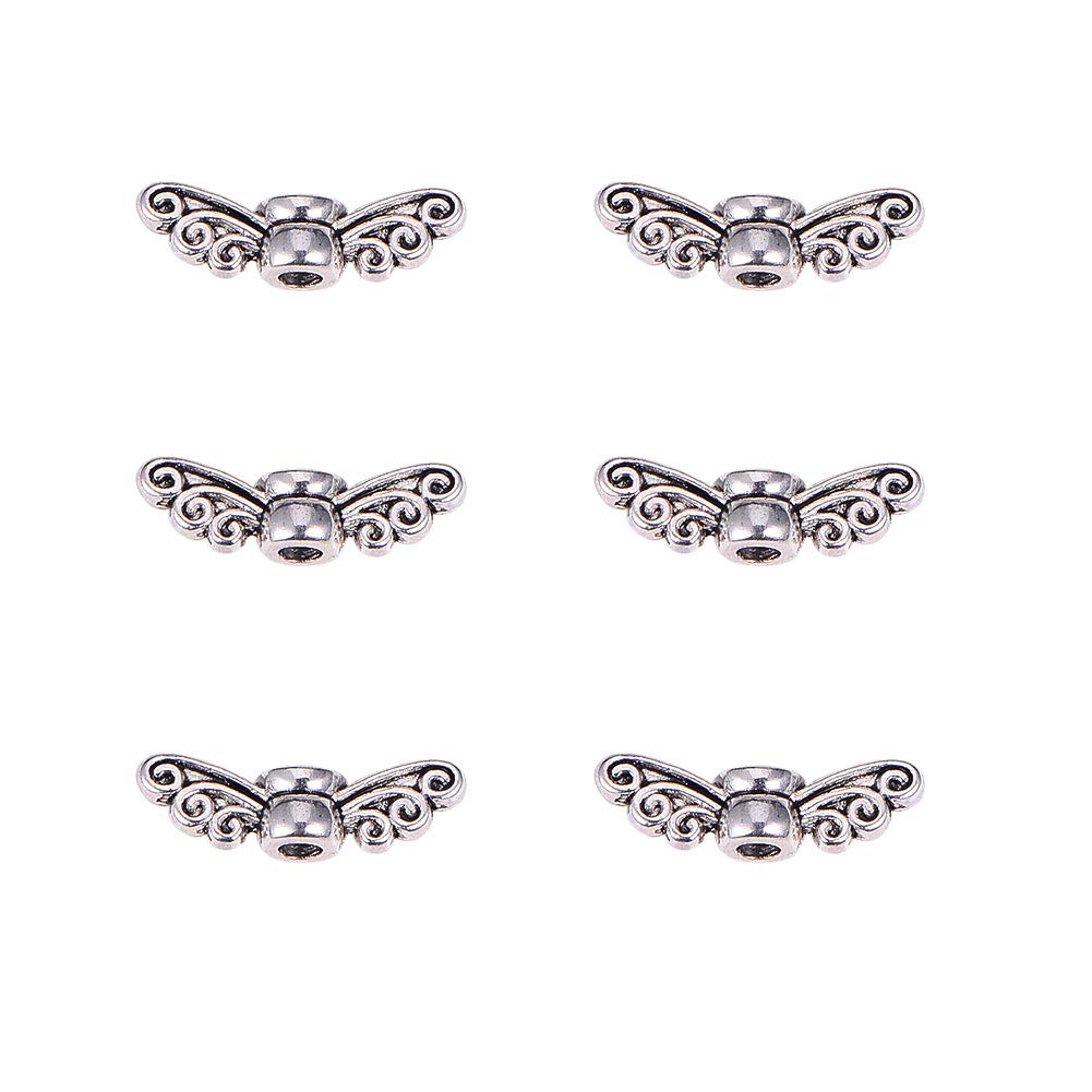 PH PandaHall 200pcs Angel Wing Spacer Beads Tibetan Alloy Angel Wing Charm Beads Spacers for Bracelet Necklace Jewellery Making, Antique Silver (14mm, Hole: 1mm)