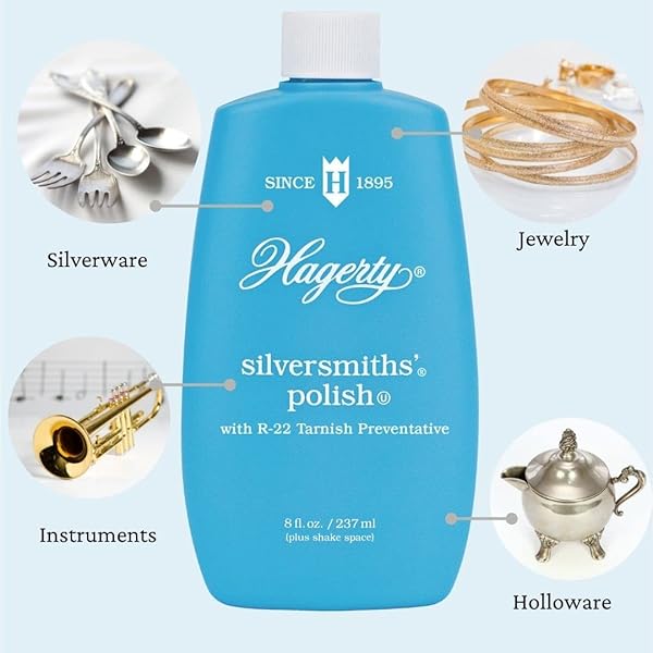 HAGERTY SILVERSMITHS’ POLISH, PROFESSIONAL SILVER CLEANER AND TARNISH REMOVER FOR JEWELRY, SILVERWARE, GOLD AND MORE, KOSHER CERTIFIED, MADE IN USA, 8 FL OZ