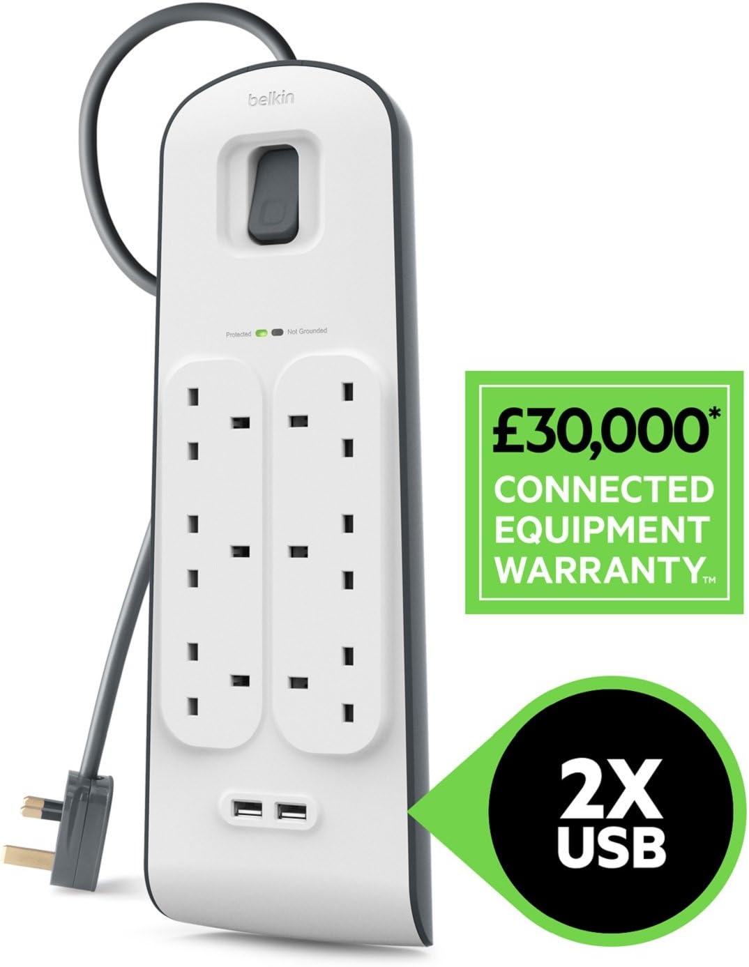 Belkin Extension Lead with USB Slots x 2 (2.4 A Shared), 6 Way/6 Plug Extension, 2m Surge Protected Power Strip - White - Image 3