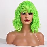 WTHCOS Neon Green Wigs for Women Short Bob Wig Lime Green Wig Short Curly Wavy Wig with Bangs Heat Resistant Synthetic Wigs for Cosplay Costume Party