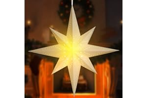 Tuanse 24 Inch Large Paper Bethlehem Star Lantern 3D Christmas Diwali 8 Pointed Hanging Decorations with LED String Lampshade Pendant Xmas Lamp Ornament for Wedding Birthday Party Holiday Decor(White)