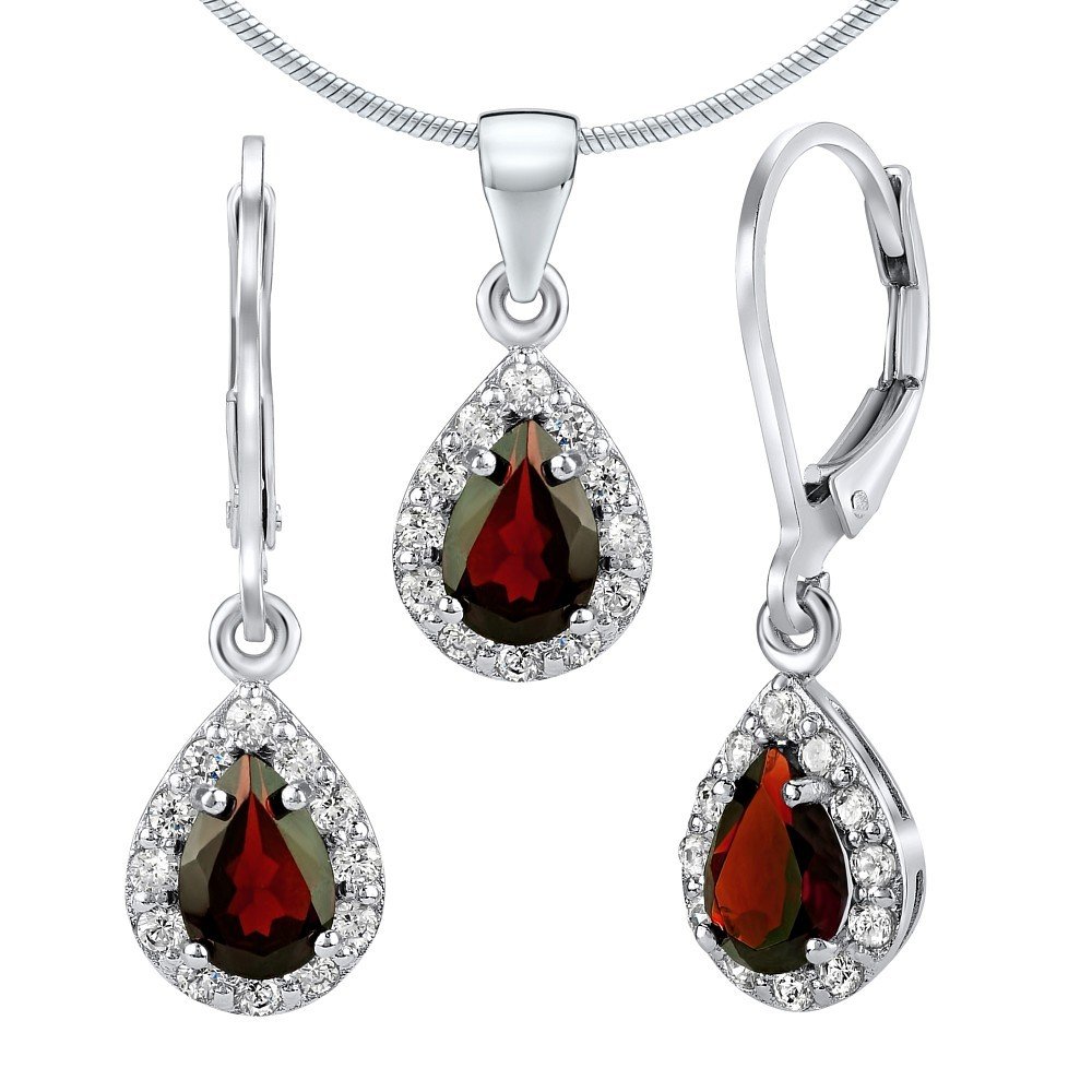 SILVEGO - JJJ1393GA - Women 925 Sterling Silver Jewellery Set with Genuine Garnet Drop Shape