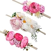 mligril Baby Girl Floral Headbands- 3pcs Nylon Headband Handmade Flower Crown Elastic Hairband Newborn Toddler Hair Accessories Gifts for Girls (1-6 years old)
